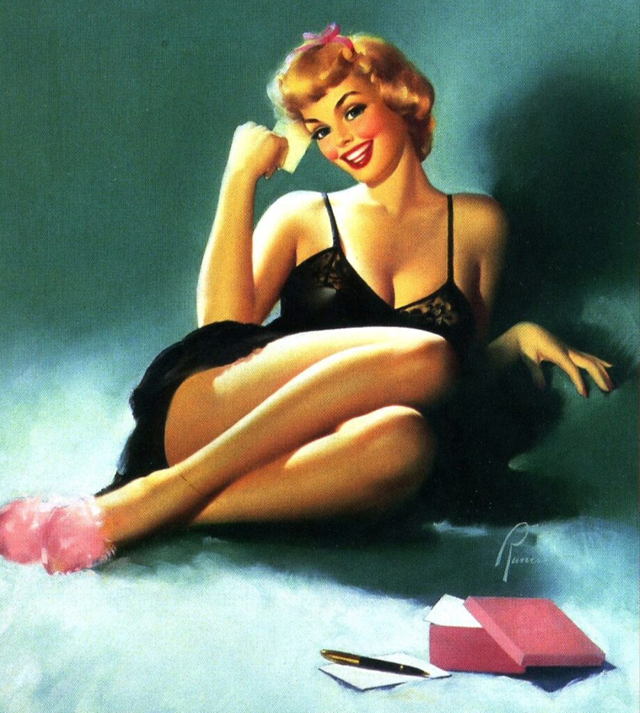 retro pin up, blonde with a note in black lingerie